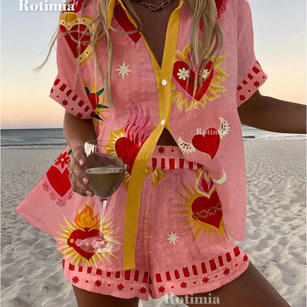 Pink Heart Print Shirt and Shorts Set